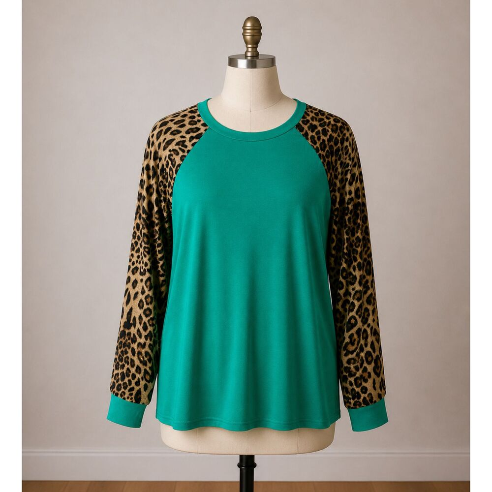 Women's Leopard Print Raglan‎ Top Green Brown Animal Print Baseball Tee Small